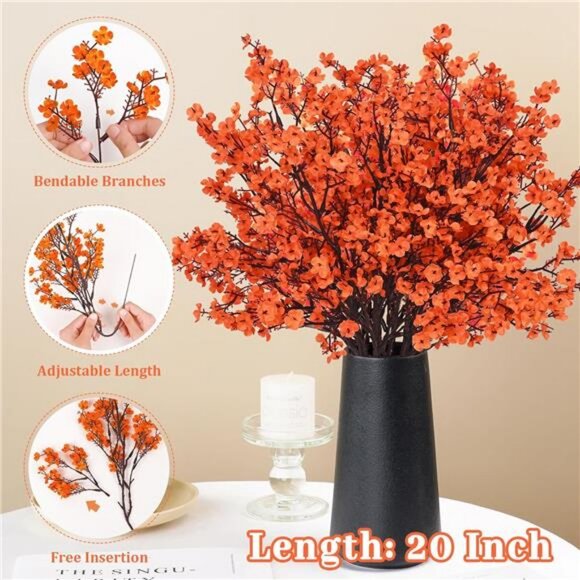 Fake Fall Flowers Real Touch Silk Flowers, 5Pcs Fall Orange Artificial - Picture 5 of 8